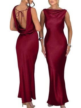 OYS Formal Gown Open Back Tie Cowl Drape Sleeveless Satin Wine Red Size S  NWT
